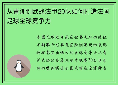 从青训到欧战法甲20队如何打造法国足球全球竞争力