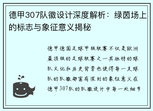 德甲307队徽设计深度解析：绿茵场上的标志与象征意义揭秘