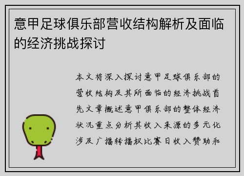意甲足球俱乐部营收结构解析及面临的经济挑战探讨